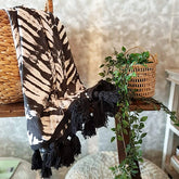 Black & White Canvas Tie-Dye Throw with Black Tassels | 140×200cm